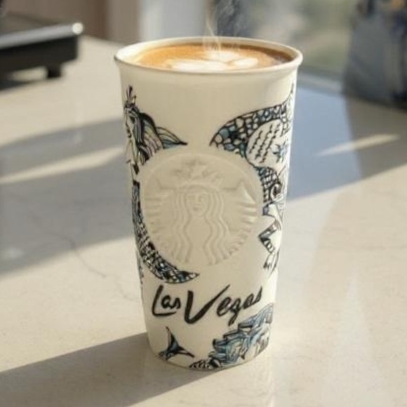 Starbucks Mermaid Las Vegas Tumbler With Lid Coffee Mug Cup Ceramic 2015 White - Picture 2 of 11